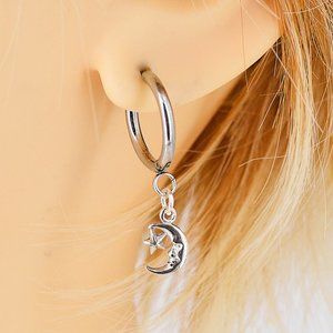 Moon and Star Sterling Silver, Stainless 16mm Huggie Earrings Pair 1766HE